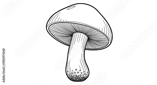 Intricate black and white line drawing of a mushroom showing the detailed gills underneath the cap and a textured stem.