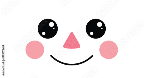 Close up cartoon face of a snowman with large expressive eyes, a carrot nose, pink cheeks, and a happy smile.