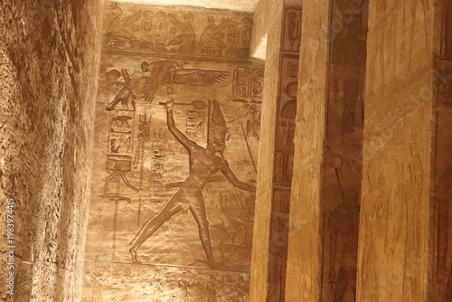 Ancient egyptian hieroglyphics at Abu Simbel temple, Aswan, Egypt