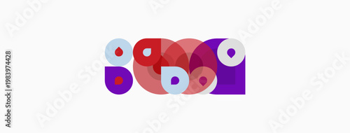 Abstract shapes, circles, purple hues dominate composition. Minimalist design, modern aesthetic, playful arrangement.