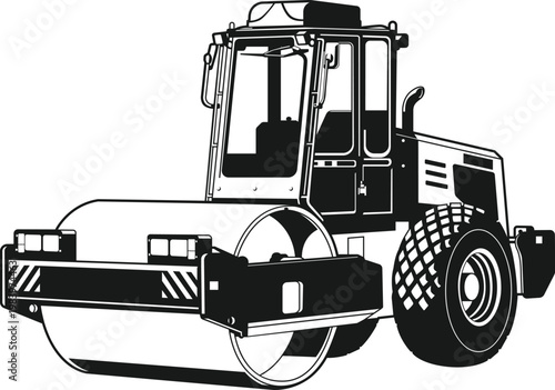 Construction soil compacter vehicle in black monochrome vector illustration