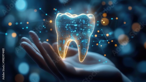 Open hand holding glowing holographic tooth made of blue wireframe and orange data nodes, futuristic protective and hopeful dental technology scene