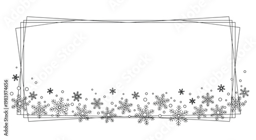 Elegant rectangular frame features a collection of various hand drawn snowflakes and dots along the bottom edge for a winter theme.