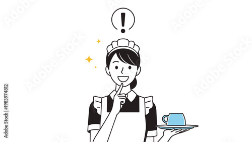 Happy maid in a classic uniform holding a finger to her lips for silence while carrying a blue coffee cup and saucer.