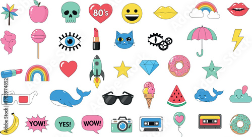 Trendy retro doodle icons set with colorful stickers hearts rainbow cassette camera fun cartoon elements vector illustration