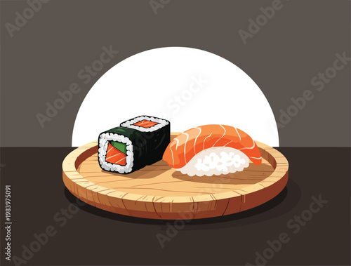 Flat vector illustration of salmon nigiri and maki sushi rolls on a round wooden tray