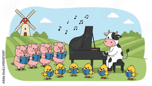 Farm animals including pigs, chicks, and a cow playing the piano and singing together in a sunny countryside field.