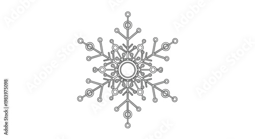 Highly detailed and geometric snowflake design is created with intricate black lines and circular patterns to evoke winter beauty.