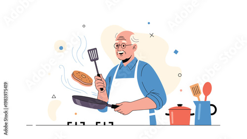 Happy elderly man wearing an apron and glasses flipping a pancake in a pan in a modern kitchen while smiling joyfully.