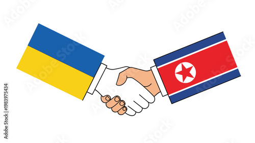 Handshake between two sleeves decorated with the national flags of Ukraine and North Korea representing a political meeting.