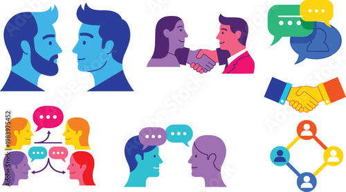 Communication and conversation icons set people talking chat dialogue networking partnership flat vector illustration collection design