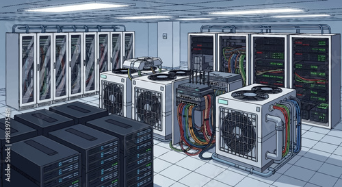 An illustration of a server room with computer equipment and cooling systems.