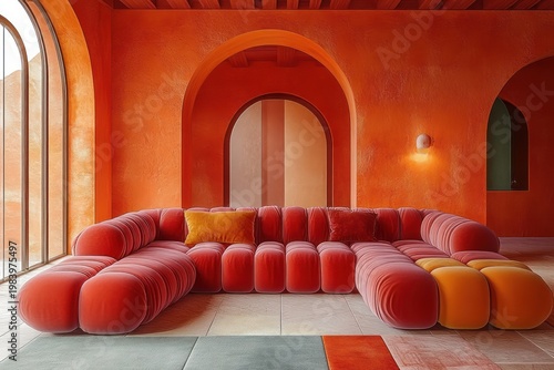 Sunlit warm orange interior featuring a large plush curved modular sofa with yellow cushion, arched windows and doorways, textured walls, tiled floor and colorful rug, inviting and cozy
