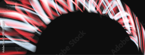 Abstract red, white streaks form partial arch over black background. Dynamic light trails suggest movement, energy. Minimalist design.