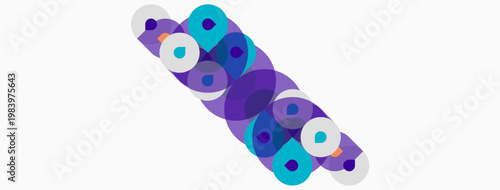 Abstract pattern features overlapping purple, blue circles. Design suggests connectivity, flow, modern aesthetic. Simple, vibrant composition.