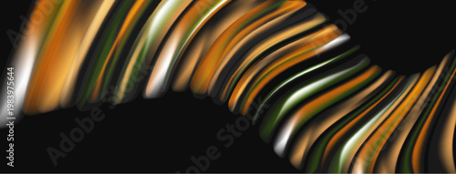Abstract flowing lines, warm colors dominate. Metallic texture suggests movement, depth. Dark background emphasizes vibrant shapes.
