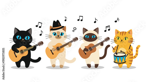 Band of four cute cats with various breeds playing guitars and drums with floating colorful musical notes in the air.