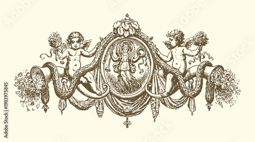 Ornate baroque cartouche with cherubs and swags line art nouveau classic design vintage motif element cartouche scrollwork filigree decoration ornament detailed illustration
