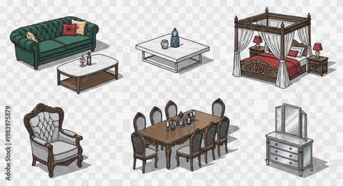 Collection of antique furniture and home decor items.