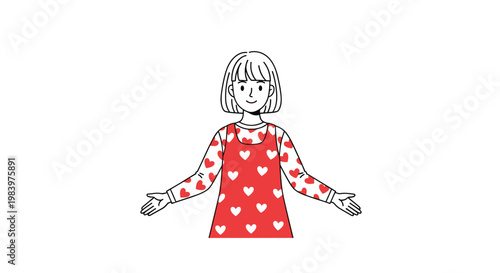 Friendly woman with short hair smiles warmly while wearing a red apron decorated with multiple white hearts on a plain white background.