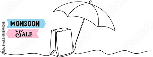 sale tag with umbrella continuous one line drawing, umbrella, Cute umbrella for monsoon season