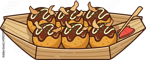 Flat vector illustration of Japanese takoyaki octopus balls with mayonnaise in a wooden boat