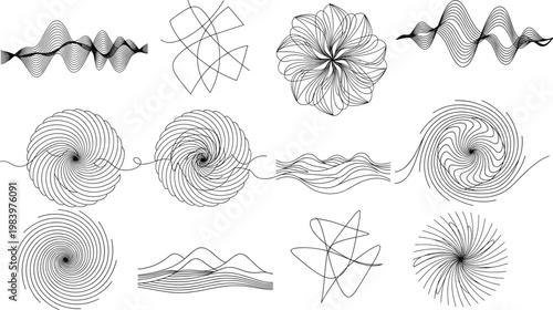 Black and White Abstract Line Art Illustrations Featuring Spirals, Waves, and Geometric Patterns for Websites, Apps, and Digital Media Designs