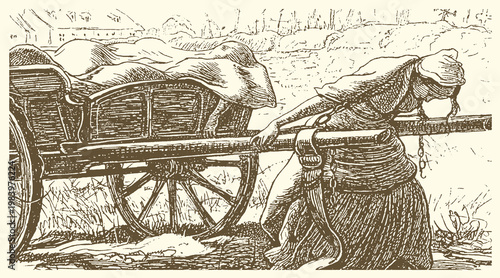 Peasant woman in traditional clothing pulling a horse-drawn cart laden with goods, rural setting, sepia tone illustration