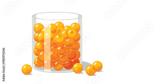 Transparent glass jar is filled with many small orange spheres resembling salmon roe or caviar, with a few spilled out on the side.