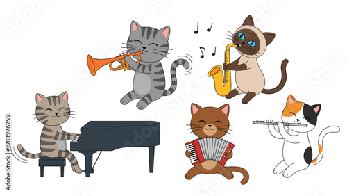 Band of five talented kittens playing different musical instruments like piano, trumpet, saxophone, accordion, and flute.