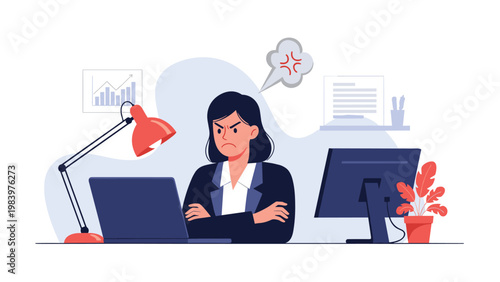 Angry businesswoman sitting at her desk with crossed arms and an angry face while looking at a laptop computer screen.