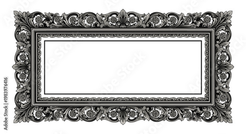 Highly decorative vintage picture frame in black and white showcases intricate floral carvings and ornate baroque style details.