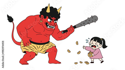 Large red ogre from Japanese folklore threatening a small crying girl who dropped her beans during a traditional event.