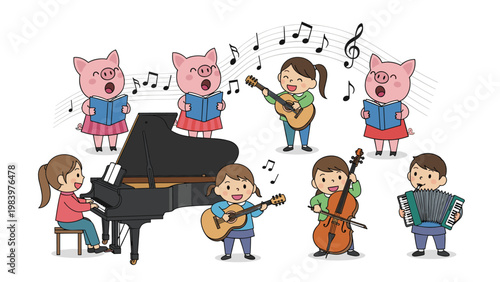 Children and pigs playing musical instruments and singing together in a large ensemble with a piano on a white background.