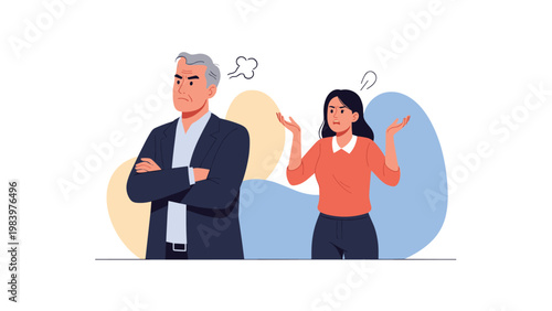 Angry middle-aged man and a frustrated young woman having a heated argument or family dispute with expressive gestures.