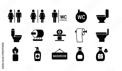 Toilet and restroom icon set with male female WC symbols tissue flush and washroom signs in clean flat vector design