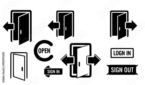 Trendy flat login logout icons with enter exit door symbols and arrows isolated on white background vector set