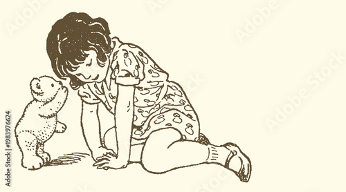 Illustration of a young girl playing with a teddy bear stuffed animal on floor childhood innocence illustration adorable companion playtime character on floor domestic