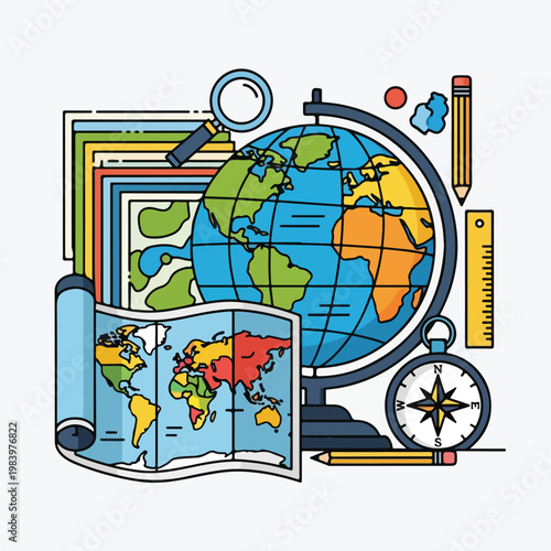 Globe with Educational Icons and Maps.