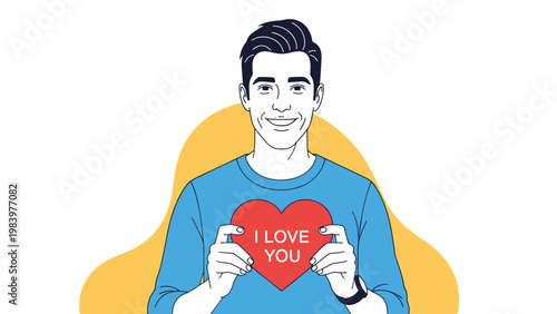 Smiling handsome man in a blue sweater holding a red heart with the text I Love You for a romantic Valentine celebration.