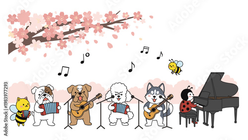 Group of cute dogs, insects, and a ladybug playing musical instruments under blooming cherry blossom branches in spring.