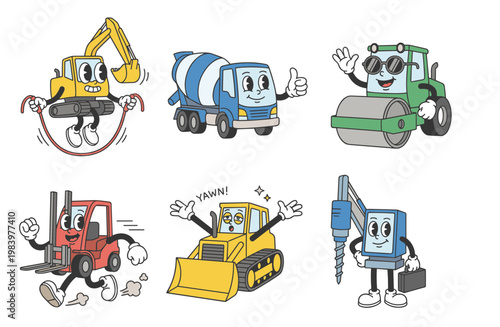 Heavy Construction Machinery and Vehicle Characters in Vintage Cartoon Style, Cute Excavator Concrete Mixer and Forklift Mascot Vector Design