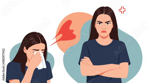 Angry mother stands with crossed arms while her young daughter cries into a tissue, illustrating family conflict and emotional stress.