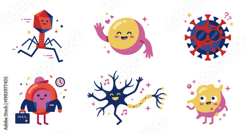 Microscopic Virus Bacteria and Cell Organism Characters in Vibrant Colors, Cute Anthropomorphic Science and Biology Mascot Vector Collection