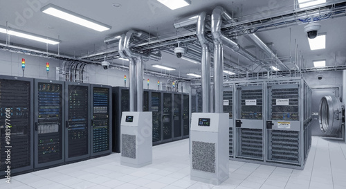 Large data center with server racks and cooling systems.