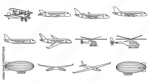 collection of line art icons for various aircraft and airships representing aviation