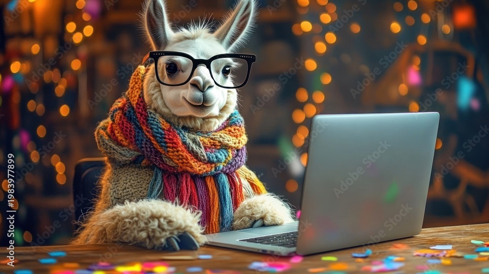 Obraz premium cozy alpaca in a colorful knitted scarf and glasses working on a laptop at a confetti-covered wooden table with warm bokeh lights, playful focused mood