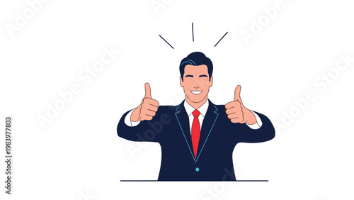 Successful businessman in a professional dark suit and red tie smiles while giving a double thumbs up gesture on a white background.