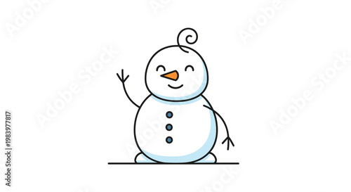 Friendly and cute snowman character with an orange carrot nose and blue buttons waves cheerfully from a minimalist snowy winter ground line.