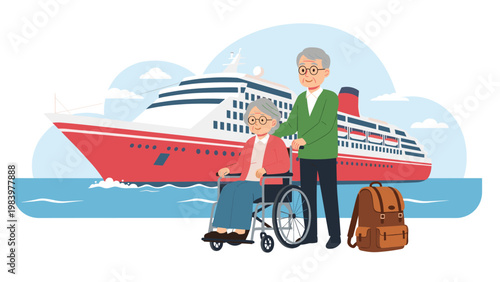 Elderly couple prepares for a vacation trip with a large cruise ship in the background, featuring a woman in a wheelchair and a man.